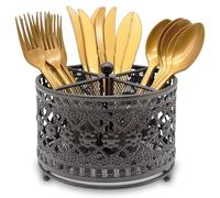 DysanVica 360° Rotating Metal Utensil Caddy - 4 Compartment Vintage Silverware Cutlery Holder Fork Spoon Napkin Organizer Flatware Storage Basket Party Countertop Buffet Picnic Camping Outdoor Black