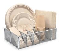DysanVica Metal Paper Plate Holder - Utensil Silverware Caddy for Kitchen Counter Cabinet Cutlery Flatware Organizer Storage Dispenser for Plastic Spoon Fork Plates Napkins Cup Party Camping Silver