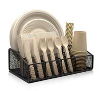 DysanVica Paper Plate Organizer for Countertop - Metal Silverware Caddy with 6 Compartments for Paper Plate Cup Napkin Utensil Holder Caddy for Party Camping Picnic Black