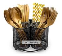 DysanVica Silverware Holder Utensil Caddy - 360° Rotating Silverware Caddy 4 Compartment Metal Cutlery Organizer Fork Spoon Napkin Plastic Flatware Storage Basket Party Countertop Picnic Outdoor Black