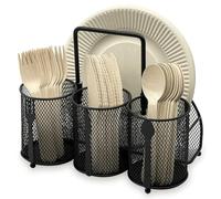 DysanVica Utensil Caddy Silverware Holder - 4 Compartment Metal Mesh Cutlery Fork Spoon Napkin Plate Organizer Flatware Storage Basket Party Kitchen Countertop Buffet Picnic Camping Outdoor BBQ Black