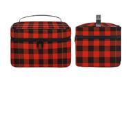 Dyscalibro Cosmetic Bag, Red Black Buffalo Check Makeup Bag, Leather Travel Toiletry Bag for Women