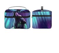 Dyscalibro Cosmetic Bag, Wolves Howl in The Northern Lights Makeup Bag, Leather Travel Toiletry Bag for Women