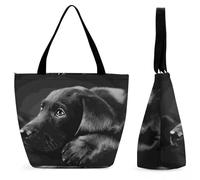 Dyscalibro Tote Bag with Zip, Black Labrador Puppy Art Beach Bag, Large Shoulder Bag for Daily, Travel