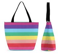 Dyscalibro Tote Bag with Zip, Rainbow Colored Horizontal Striped Lines Beach Bag, Large Shoulder Bag for Daily, Travel