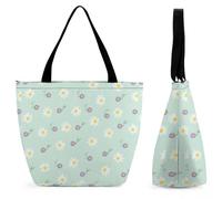 Dyscalibro Tote Bag with Zip, White And Purple Daisy Green Decorative Pattern Beach Bag, Large Shoulder Bag for Daily, Travel