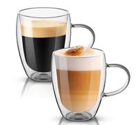 Dyserbuy 2 Pack Double Walled Glass Mug, Cappuccino Drinking Cups, Insulated Glass Coffee Cup with Handle, Perfect for Espresso, Latte, Espresso, Tea, Juice, Beverage (350ml/ 12oz)