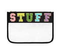 DYSHAYEN Chenille Letter Clear Zipper Pouch for Travel,Nylon Clear Cosmetic Bag,Makeup Travel Bag for Women Girls 11.8 Inches x 8.2 Inches, Black-Stuff, Preppy