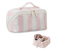 DYSHAYEN Travel Makeup Bag with Compartments Clear Coated Cosmetic Bag for Women, Waterproof Portable Open Flat Toiletry bag, White-Pink, Open Flat