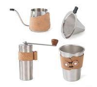 DystopiaWorld Cork Covered Grinder, Stainless Steel Pot, Cup, and Filter Funnel Coffee Making Set for Home and Office Brewing (a set)