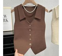 DystopiaWorld Women's Sleeveless Knitted Vest, One Size, Retro V-Neck with Metal Buttons, Layered Design for Daily Wear and Vacation(One size coffee)