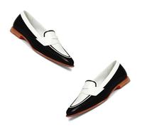 Dystralix Women Patent Slip On Loafer Flats Two Tone Round Toe Flat Heel Penny Loafers Casual 1 inch Low Heel Loafer Dress Shoes Oxford Comfort Chic Colorblock Office Ladies Basic 4-11 M US, Black