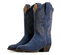 Dystralix Women Vintage Embroidered Cowboy Boots Mid Calf Pointed Toe Knee High Western Boots Chunky Stacked Heel Pull On Mid Calf Cowgirl Boots V Cut Retro Casual Street Party 4-11 M US, Suede Navy