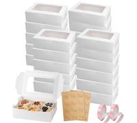 DYUEE 24 Packs White Cupcake Boxes 6 Holes, White Bakery Boxes with Window Cake Boxes, with Stickers and Pink Ribbons, for Home Baking, Party, Wedding, Christmas, halloween, Cake Shop(24x16.5x7.5cm)