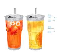 DYUEE 2PCS 600ML Ribbed Glass Tumblers with Lids and Glass Straws, Vintage Ribbed Clear Glass Cups with Straw Cap Leakproof Cups, Coffee, Iced Cup, Glass Tumbler for Iced, Cockta
