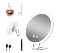 DYUEE 30X Magnifying Mirror with Light 6'' Lighted Travel Magnification Mirrors X30 Pocket Magnifying Makeup Mirror Enlarging Handheld Looking Glass with Stand Sucker Scissors Tweezers (White)