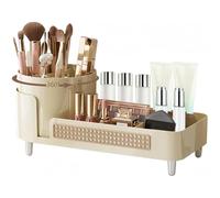 DYUEE 360 Rotating Desk Organizer Pen Holder, 2-in-1 Cosmetic Storage Display Cases for Lotions Lipsticks Makeup Brushes, Elegant Countertop Perfume Storage Box for Dresser Bedroom Bathroom (beige)