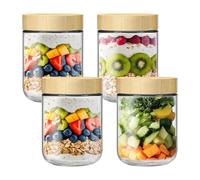 DYUEE 4-pack 16oz Glass jars with Airtight Lids, Transparent Jars with Wood Lids for Meal Prep, Wide Mouth Mason Salad Jars, Glass Food Storage Containers for Snacks Yogurt Spice Sugar