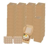 DYUEE Brown Bakery Boxes with Window 48Pcs Mini Takeaway Cake Boxes Pie Boxes 4'' Brown Kraft Box with Window with Stickers Bakery Pastry Boxes for Cupcake Cookie Chocolate Sweet (10x10x6.7 Cm)