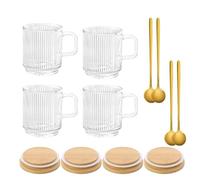 DYUEE Classic Striped Glass Coffee Cups with Lids & Spoons, 4PCS Transparent Water Cup 350ml - Transparent Cups for Hot & Cold Beverages - Latte, Tea, Milk, Juice