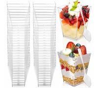 DYUEE Dessert Cups 150ML/5OZ Reusable Clear Square Dessert Bowls Serving Bowls 50Pcs PP Cheesecake Pots with 50 Spoons, Appetizer Cup for Puddings Mousses Parfaits Trifles Tiramisu Party Birthday