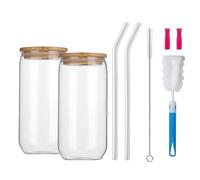 DYUEE Drinking Glasses with Wooden Lid and Glass Straw 2 PCS 500ml/17oz Iced Coffee Cup Transparent Can Glass Cups with Silicone Suction Nozzle, for Milk Coffee Ice Water
