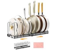 DYUEE Expandable Pan Organiser Rack for Cupboard with 10 Dividers Expandable Pot Lid Rack, Adjustable Pans Organiser witn Compartments, Chopping Board Holder, with Cleaning Cloth, Black