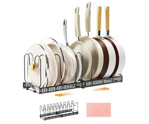 DYUEE Expandable Pan Organiser Rack for Cupboard with 10 Dividers Expandable Pot Lid Rack, Adjustable Pans Organiser witn Compartments, Chopping Board Holder, with Cleaning Cloth, Black
