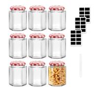 DYUEE Glass Jam Jars Set of 9 with Red Gingham Lid, 280ml/9oz Hexagonal Storage Glass Jars with Stickers and Pens for Marmalade, Chutney, Jam, Pickle