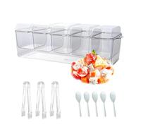 DYUEE Ice Chilled Condiment Caddy with 5 Containers, Reusable Clear Garnish Tray with Lid with 5 Removable Compartment, 5 forks and 3 Clips, for Ice Serving Bowl, Fruit, Caddy, Snack, Sauce