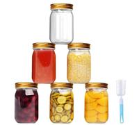 DYUEE Mason Glass Jars 6pcs, 500ml Wide Mouth Bottles with Gold Metal Lid Cleaning Brush, Transparent Glass Cans, for Overnight Oat Pickle Canned Freshman Food Storage Meal Jars