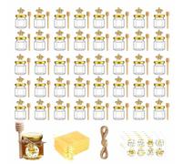 DYUEE Mini Glass Honey jars 1.5 oz Hexagonal Mini Honey Jar with Honey Spoon Gold Lids Gold Bee Pendants Jutes Bee Stickers gift bags, for Party Favours Weddings Baby Showers Wedding Favours (40)
