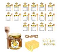 DYUEE Mini Glass Honey jars 1.5 oz Hexagonal Mini Honey Jar with Honey Spoon Gold Lids Gold Bee Pendants Jutes Bee Stickers gift bags, for Party Favours Weddings Baby Showers Wedding Favours (20)