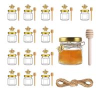 DYUEE Mini Hexagonal Honey Jars, 15 Pack 180ml Little Glass Honey Jar with Wood Dipper Gold Jutes, Pendants, Jutes, Bee Stickers, Storage Jars for Preservatives, Pickle, Jam, Crafts, Honey, Spices