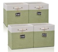 Dyvavna Foldable Fabric Linen Cube Storage Bins with Cotton Handles for Nursery Shelves and Home Organization, white & green-5pack, 15''x13''x13'', Adam