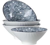 Dyware 38 oz Japanese Ramen Bowls Set of 4, Large Pho Bowls, 8 Inch Ceramic Blue and White Soup Bowls, Wave Pattern