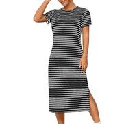 Dyxhuan T-Shirt Dress Women's Summer Colour Block Striped Summer Dress Casual Round Neck Short Sleeve T-Shirt Dresses Slits Midi Dress Casual Loose Shirt Dress Tunic Dress Stripes Casual Dress Summer