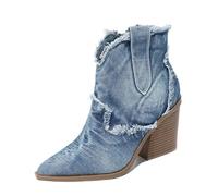 DYYEUAVT Denim Short Boots Retro Style Female Shoes Fashion Slip On Pointed Toe Chunk Heels Booties Western Cowboy Boots(Beige,36)