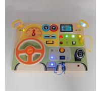 Dyzi Natural Wood Car Driving Steering Wheel Montessori Busy Board with LED Lights, Engine Sounds - Blue/Pink/Purple