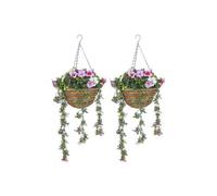 Dyzi Pink Artificial Azalea Hanging Basket Set Indoor Outdoor Decor