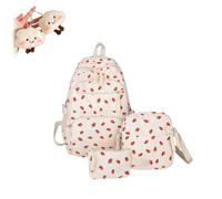 DzaiCrkwd Strawberry Backpack Three-Piece Set for Women, Cute School Bookbag Set with Insulated Lunch Box Pencil Case for Girls Kids Teens (White)