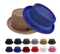 DzaiCrkwd Summer Breathable Mesh Pork Pie Hat for Men, Lightweight Packable Sun Protection Beach Outdoor Jazz Cap, Classic Bowler Hat Travel Party (Beige+Royal Blue)