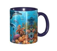 DZBDWZXH Navy Blue Ceramic Coffee Mugs 11oz, (Dolphins Sea Turtle Octopus Coral Reef) Print Restaurant Coffee Mug for Coffee,Cappuccino,Tea,Cocoa,Cereal