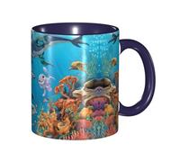 DZBDWZXH Navy Blue Ceramic Coffee Mugs 11oz, (Dolphins Sea Turtle Octopus Coral Reef) Print Restaurant Coffee Mug for Coffee,Cappuccino,Tea,Cocoa,Cereal