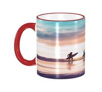 DZBDWZXH Red Handle Ceramic Coffee Mugs 11oz, (Silhouette of Surfer People) Print Restaurant Coffee Mug for Coffee,Cappuccino,Tea,Cocoa,Cereal