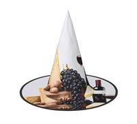 DZBDWZXH Red Wine Galsses & Grapes with Wooden Print Halloween Witch Hat for Women Cosplay Costume Dress Up Halloween Party Decoration 1Pcs