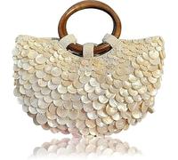 DZHCBNE 1Piece Shell Embellished Evening Purse, Single Sided Handmade Shell Bag With Wood Handle, Beaded Shell Design Top Handle Purse,for Travel Accessories Storage,Biege,M