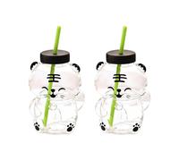 DZHCBNE Cute Bear Shaped Coffee Mug,Glass Milk Cup, Novelty JuiceGlass Drinkware, Cartoon Beverage Cup, Gifts for Women,Cartoon SippyCupS with Silicone Straw and Lid HeatResistant