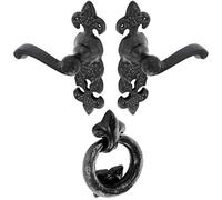 Dzina Fleur de LYS Lever Lock Door Handle and Ring Door Knocker Set, Antique Black, 1 Set