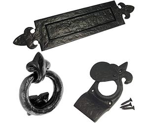 Dzina Letter Box Plate Fleur De LYS, Cylinder Pull and Ring Door Knocker Set, Antique Black